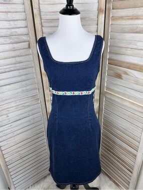 Vintage 90s Lifestyle Sleeveless Cotton Denim Mini Dress Floral Embroidered XL